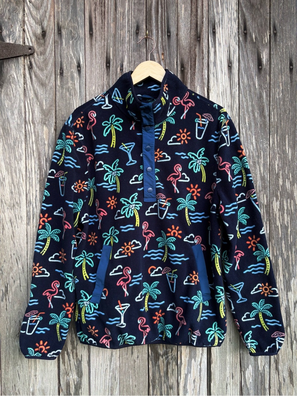 Chubbies Wanderers Club fleece pullover neon flamingos size medium